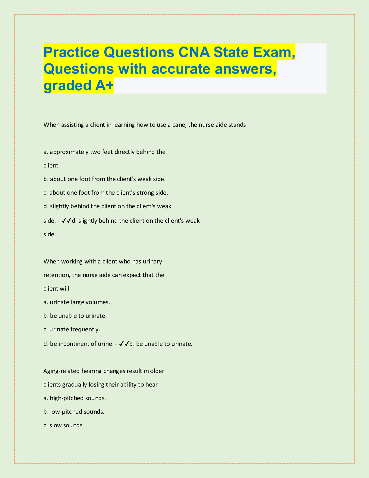 Preview image for Practice Questions CNA State Exam,  Questions with accurate answers,  graded A+